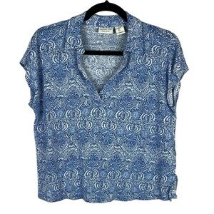 Rachel Zoe Linen Floral Beach Coastal Short Sleeve Cropped Collar Tee Large Blue